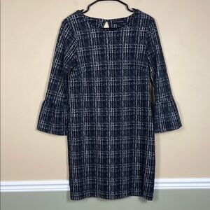 Banana Republic Women’s Plaid Knit Black White Bell Sleeve Office Shift Dress